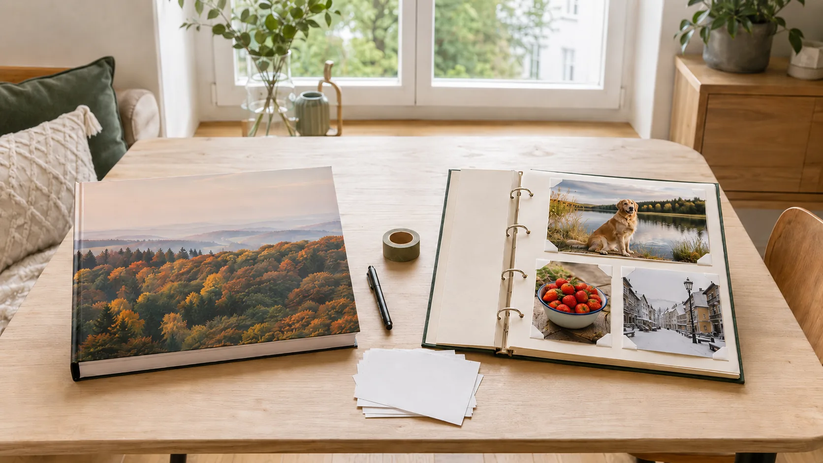 Aufgeschlagenes Fotobuch mit großem Bergpanorama und einer Fotoreihe auf der rechten Seite