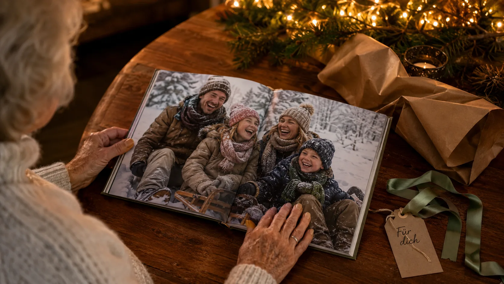Fotobuch mit Herbstwald-Cover neben einem klassischen Ringalbum mit eingeklebten Fotoabzügen