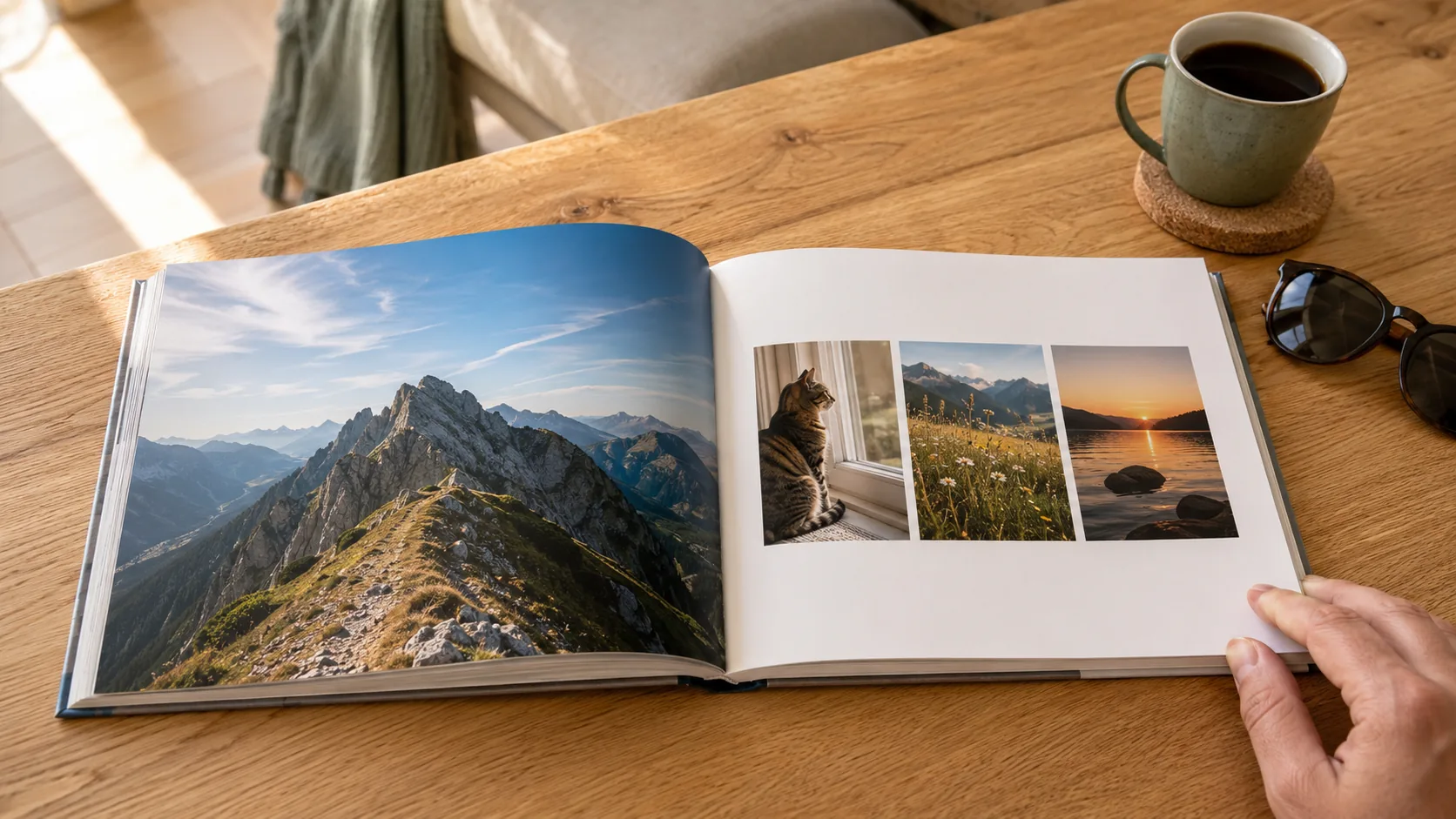 Frau gestaltet ihr Fotobuch am Laptop mit ausgebreiteten Fotoabzügen und Teetasse
