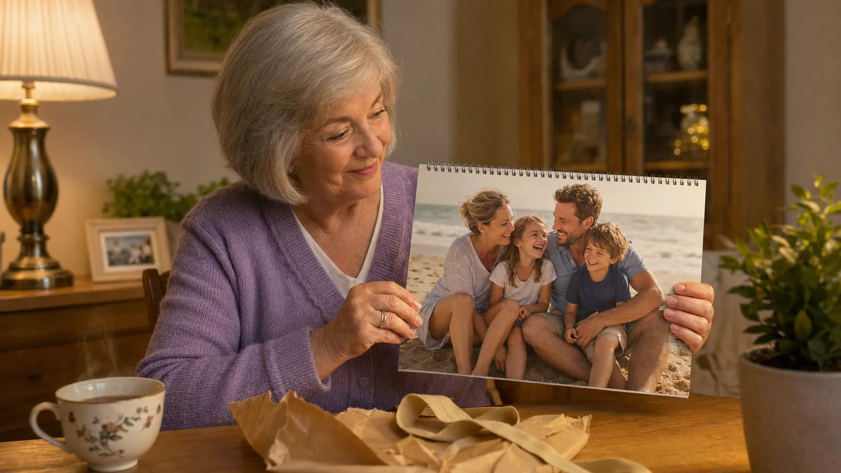 Familienkalender mit eingetragenen Terminen und Monatsfoto an einer Küchenwand