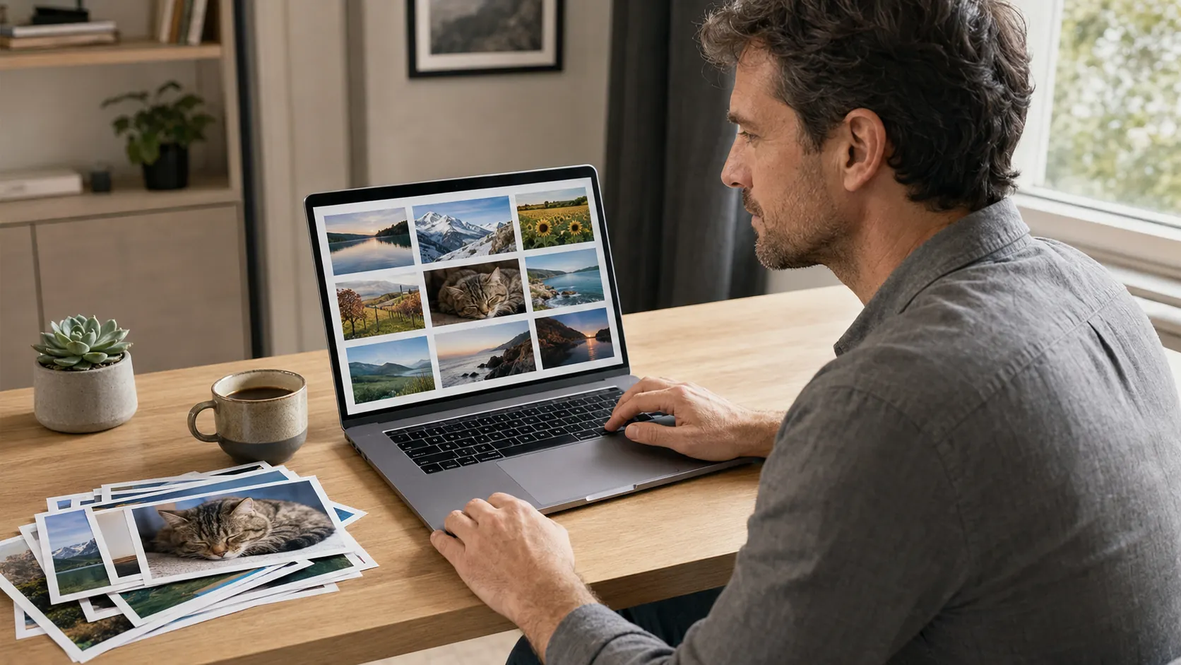 Person zieht am Laptop Fotos in eine Fotokalender-Vorlage für die einzelnen Monate