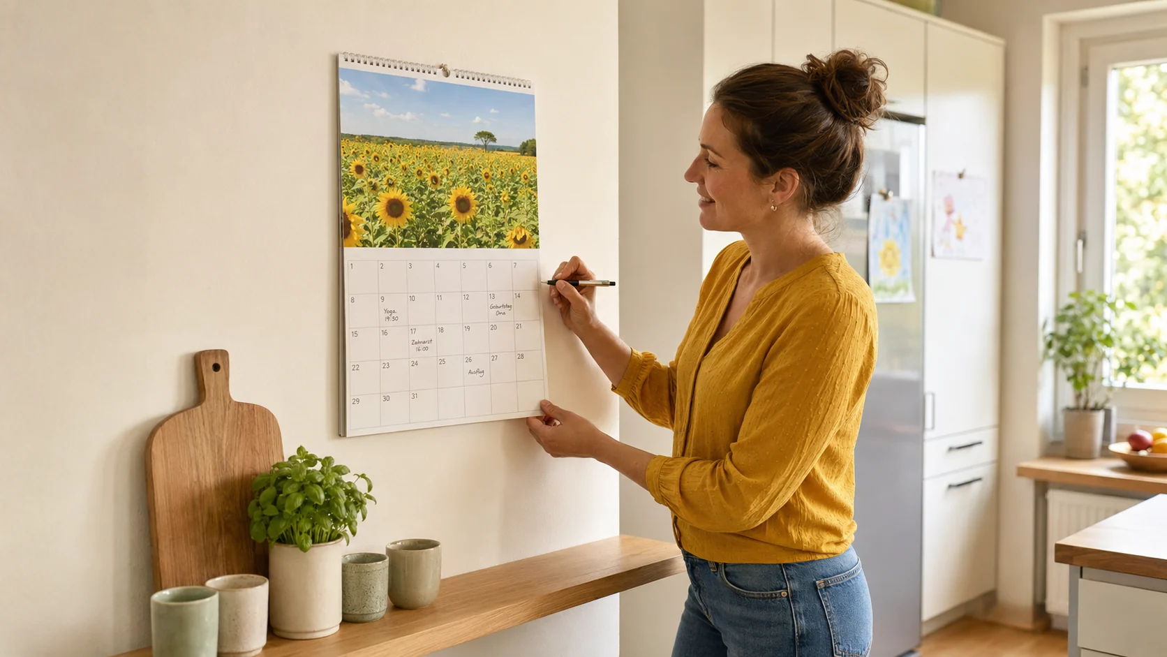 Fotokalender mit jahreszeitlich passendem Monatsmotiv an einer hellen Wohnzimmerwand