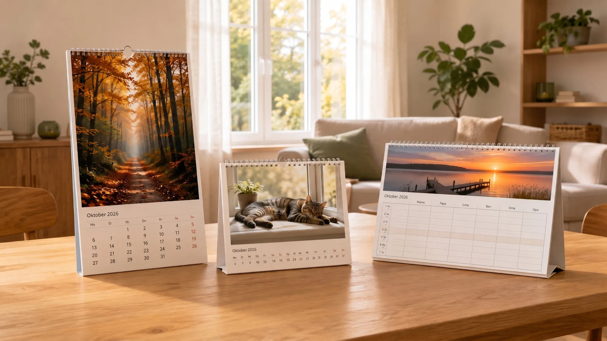 Wandkalender, Tischkalender und Familienkalender nebeneinander in einem Wohnzimmer