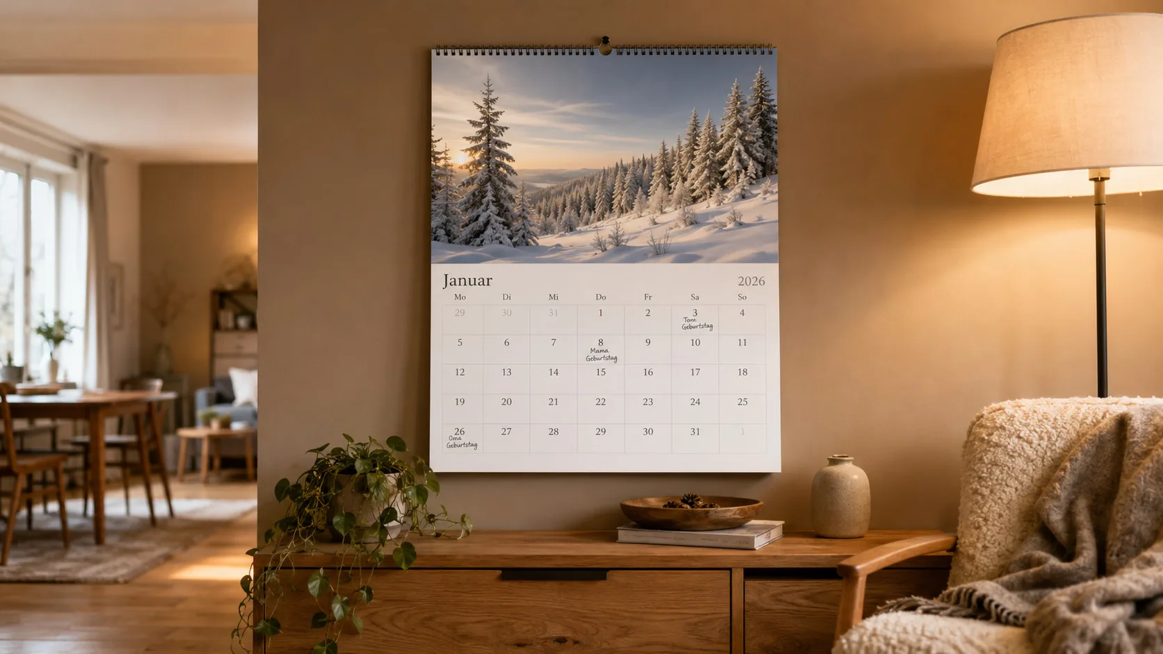 Wand-Fotokalender mit verschneitem Winterwald über einer Kommode im Wohnzimmer