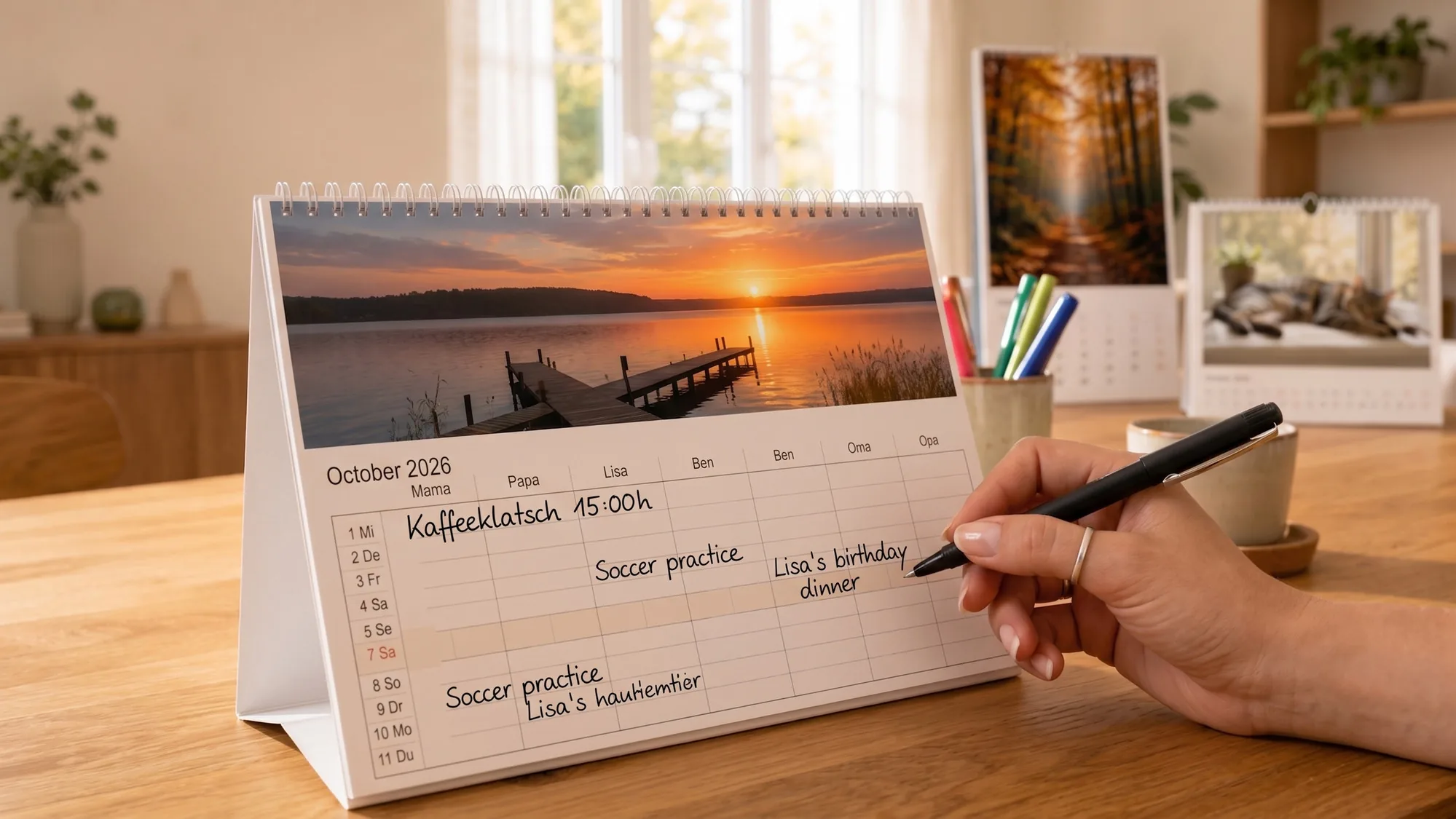 Hand trägt Termine in einen Tisch-Fotokalender mit Sonnenuntergang ein