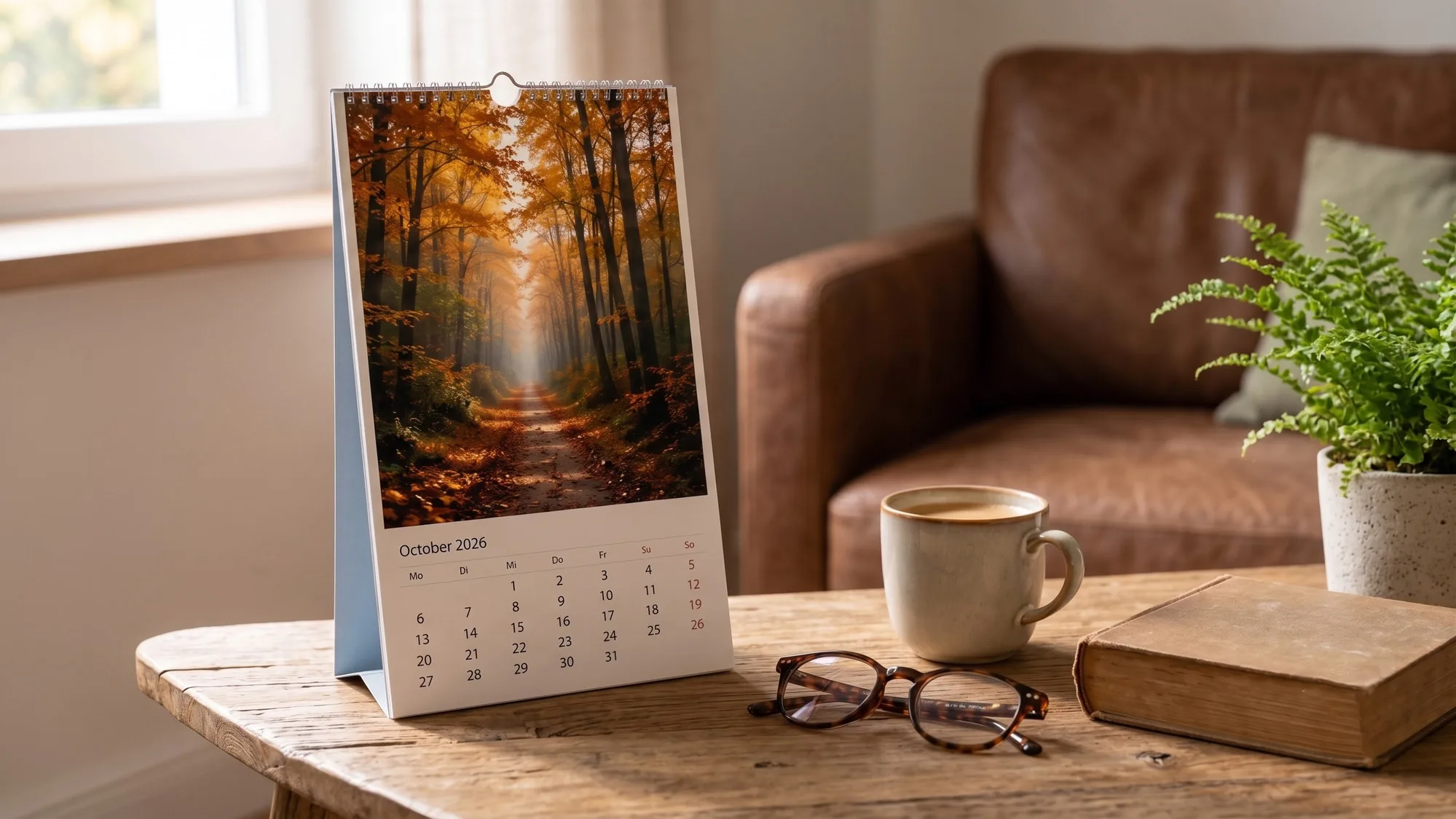 Tisch-Fotokalender mit herbstlichem Waldweg neben einer Tasse Kaffee