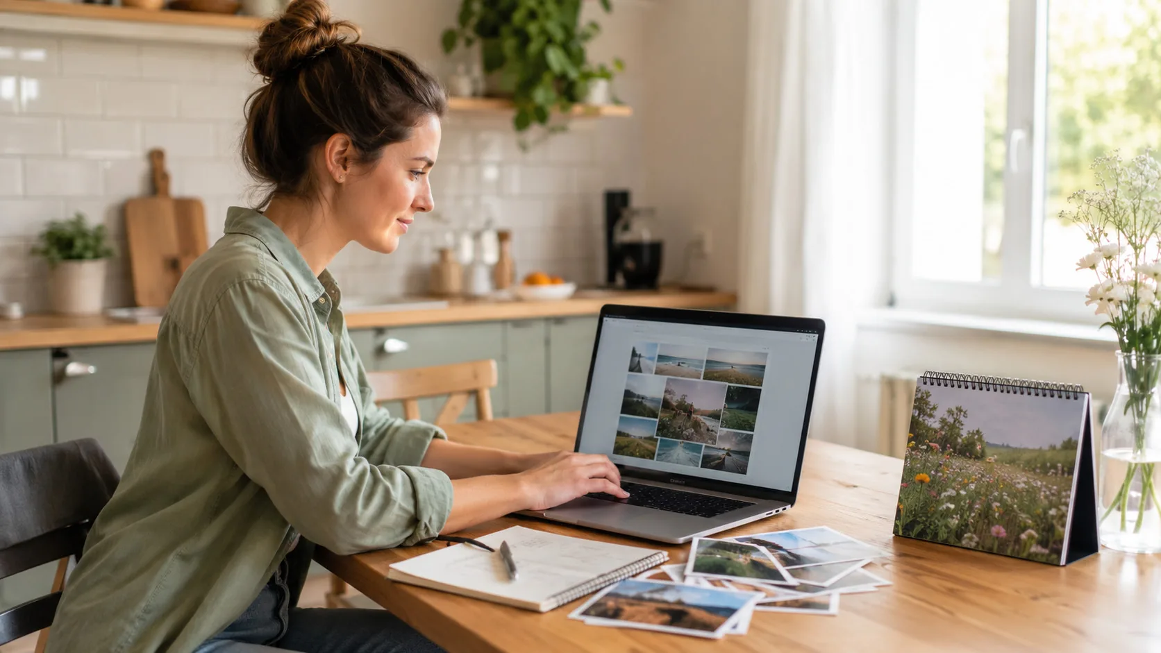 Frau wählt am Laptop Fotos für ihren Fotokalender aus
