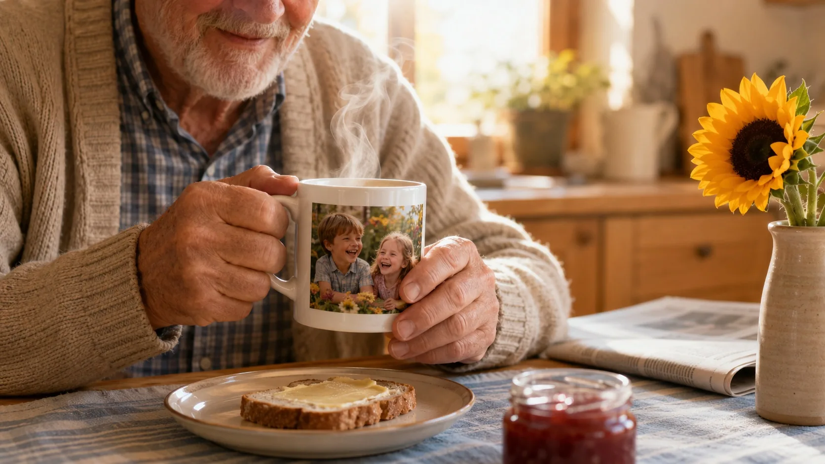 Opa trinkt Kaffee aus einer Fototasse mit Foto der Enkel
