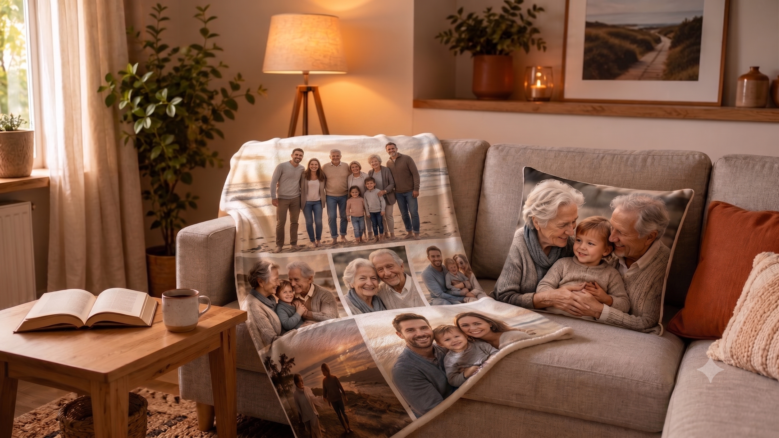 Fotodecke und Fotokissen mit Familienfotos auf dem Sofa