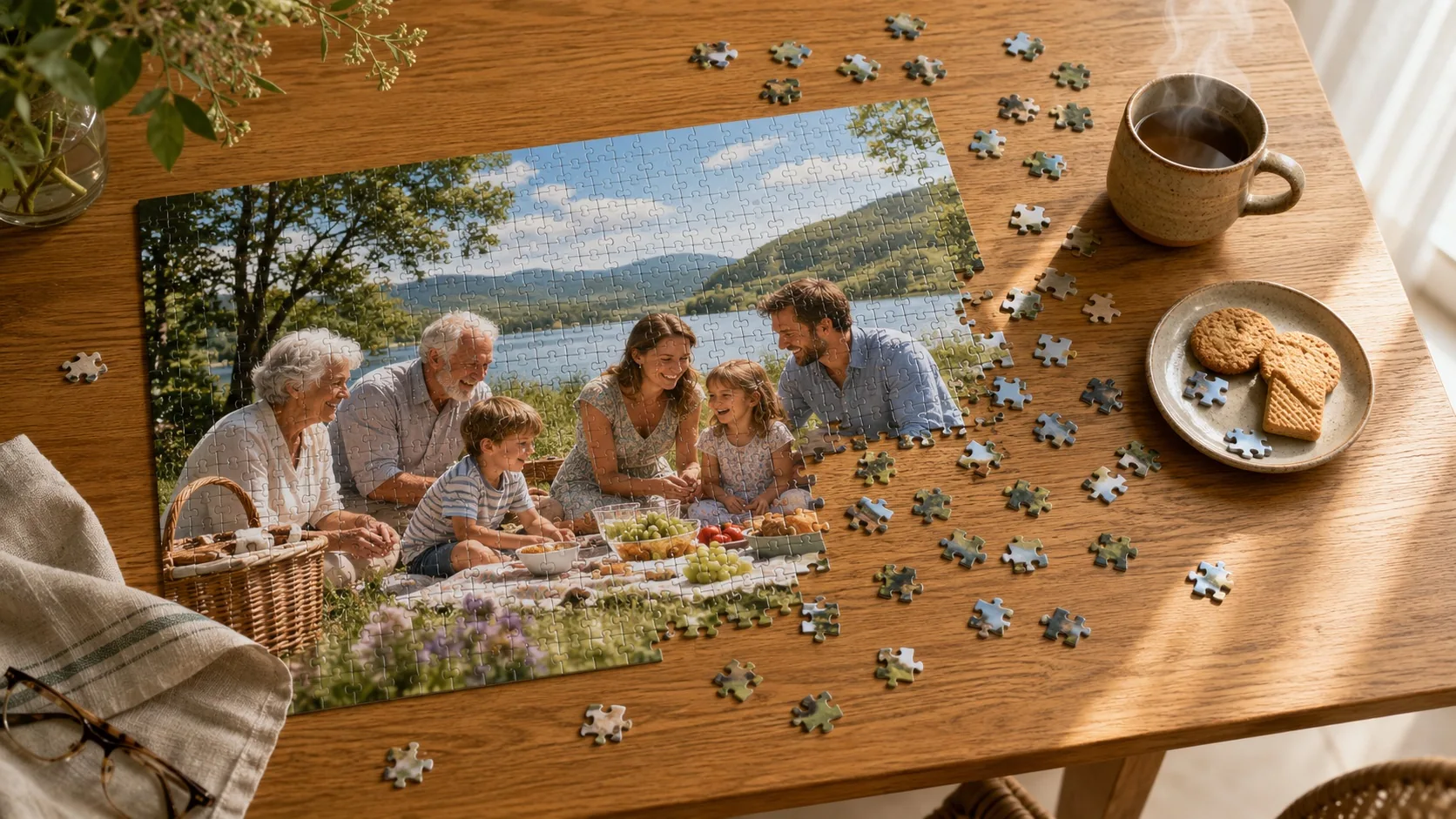 Familie legt gemeinsam ein Fotopuzzle am Tisch