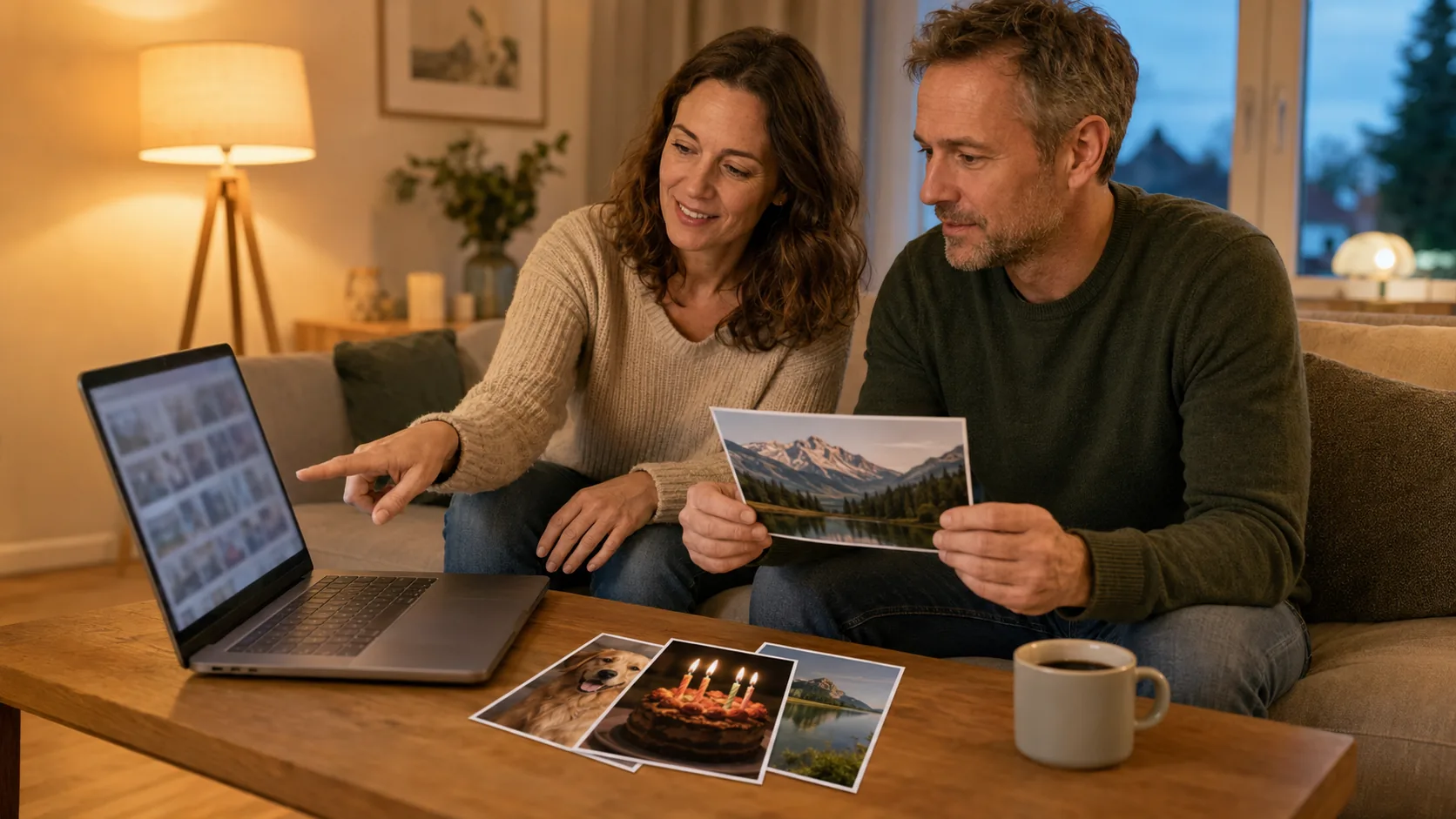 Paar wählt am Laptop gemeinsam Fotos für ein MEINFOTO Produkt aus