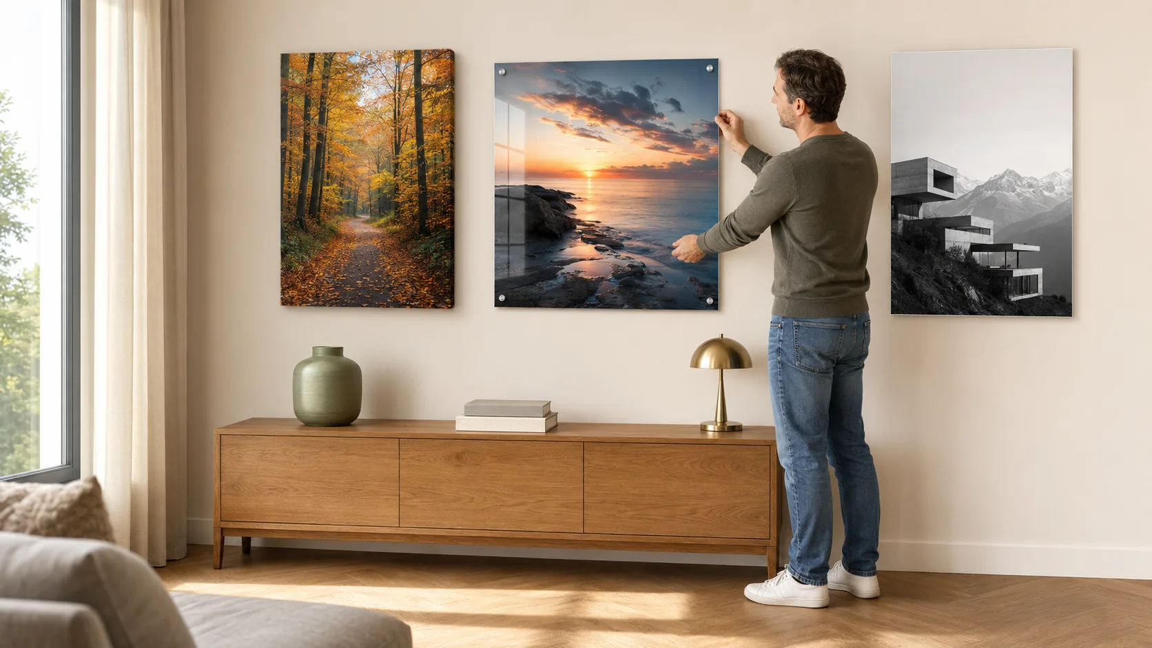 Foto auf Leinwand und Acrylglas als Wandbild im modernen, hellen Wohnzimmer