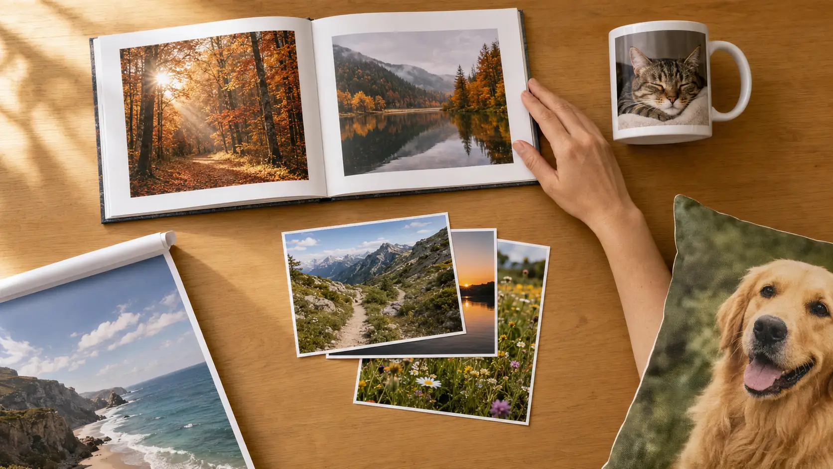 Verschiedene MEINFOTO Fotoprodukte mit eigenen Fotos: Fotobuch, Fototasse und Fotoabzüge