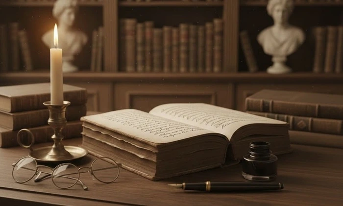Vintage Schreibtisch mit altem Buch und Geburtstag Zitaten von klassischen Dichtern