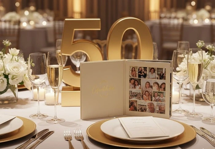 Elegante Tischdekoration zum 50. Geburtstag mit personalisiertem Fotogeschenk