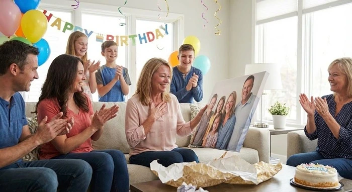 Frau packt emotionales Fotogeschenk mit Geburtstag Zitat bei ihrer Feier aus