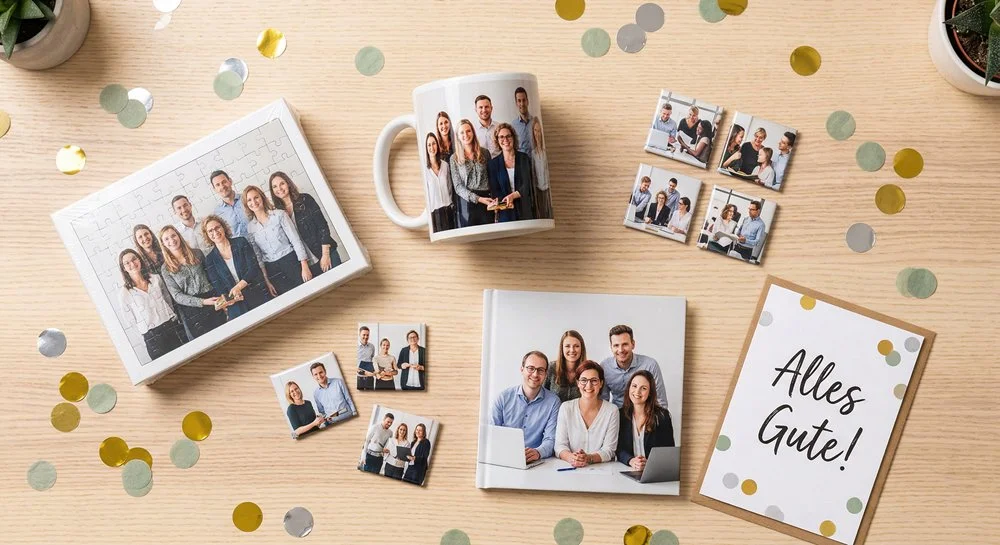 Verschiedene Fotogeschenke als Abschiedsgeschenk für eine Kollegin: Fototasse, Fotopuzzle, Fotomagnete und Fotobuch