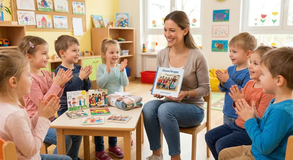 Erzieherin erhält ein personalisiertes Fotobuch und Fotokacheln als Abschiedsgeschenk von Kita-Kindern