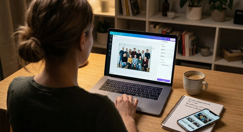 Person gestaltet am Laptop eine Fotoleinwand als Abschiedsgeschenk mit einem Teamfoto