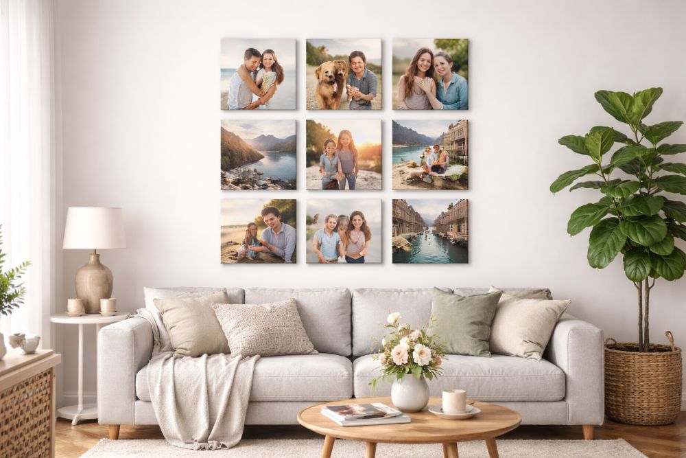 Fotowand Gestaltung über dem Sofa im Wohnzimmer