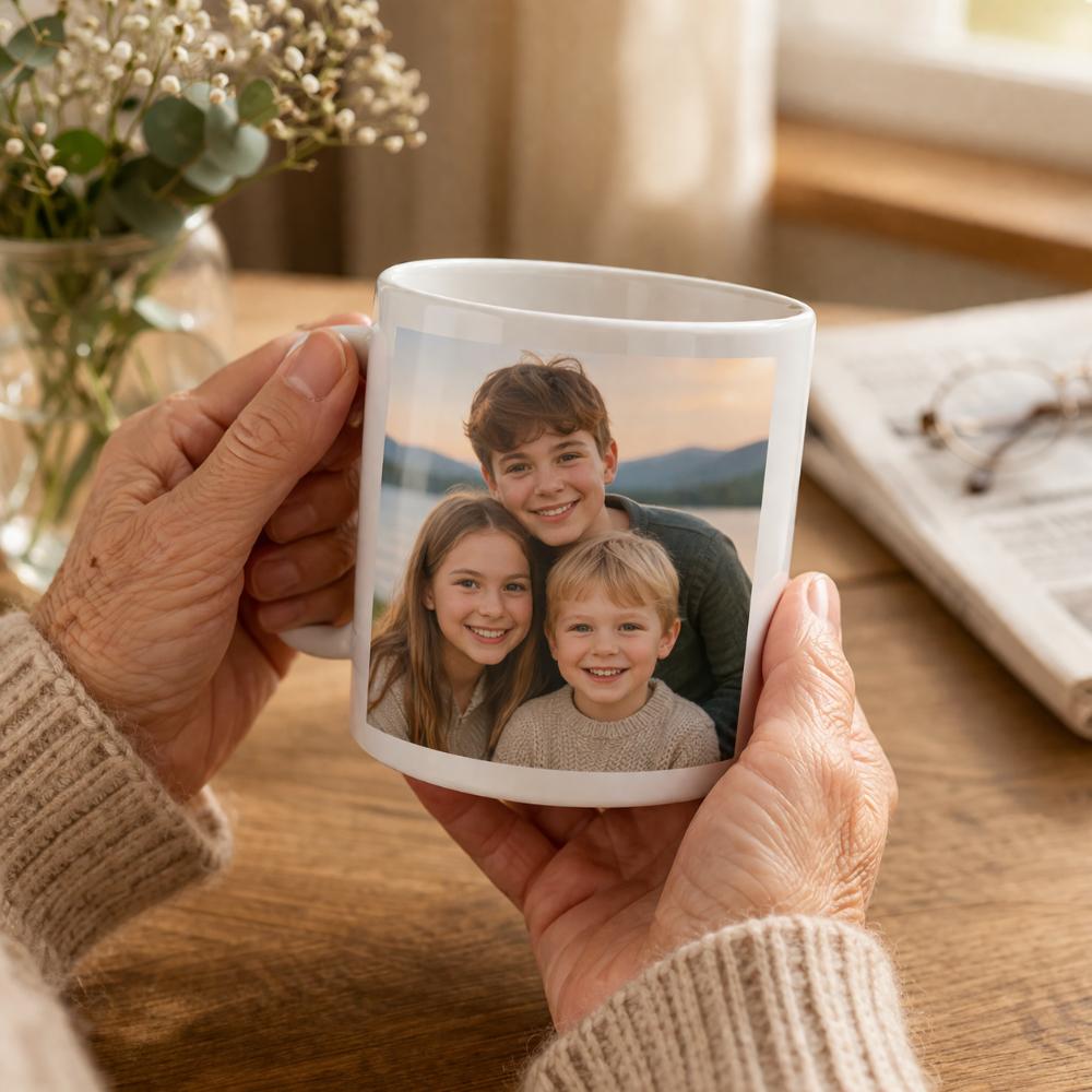 Eine Oma freut sich über eine personalisierte Fototasse