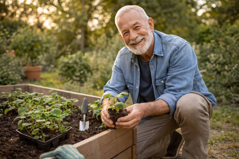 Ein Opa arbeitet in seinem Garten mit neuem Werkzeug
