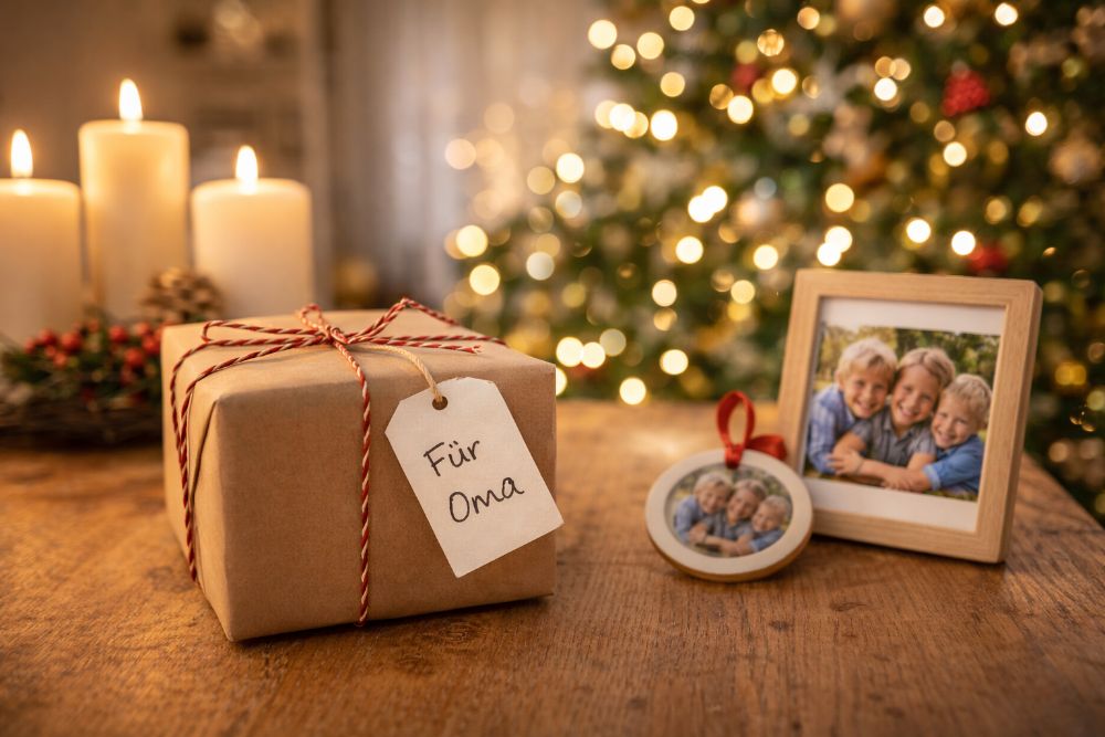 Weihnachtlich dekorierter Raum mit Fotogeschenken