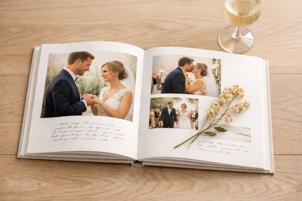 Ein Brautpaar betrachtet glücklich ihr fertiges Hochzeitsfotobuch