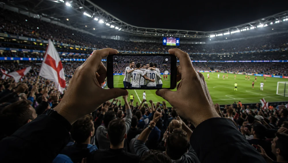 Fußballstadion bei Nacht mit hellem Flutlicht