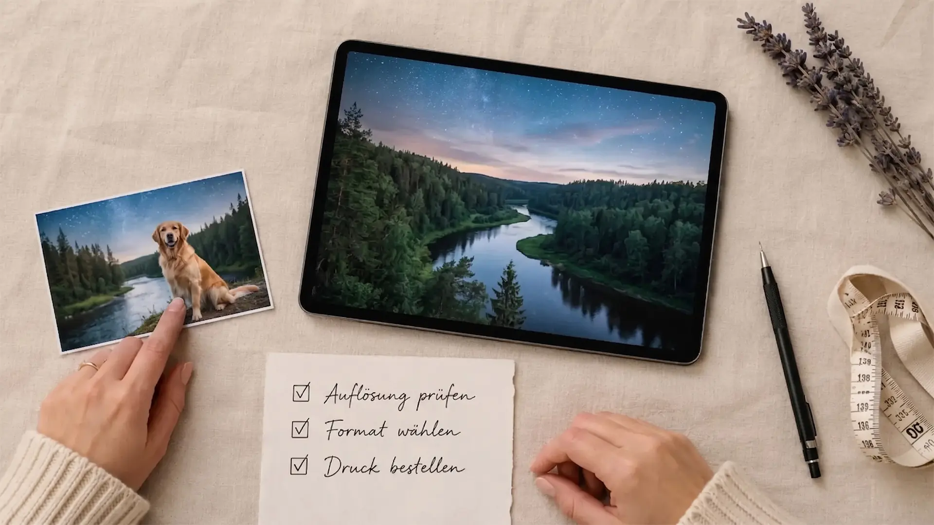 Tablet mit Familienfoto und handschriftliche Checkliste Auflösung prüfen Format wählen Druck bestellen