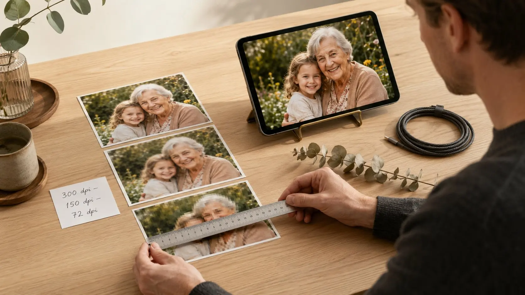 Vergleich von Fotodrucken bei 300 dpi, 150 dpi und 72 dpi Auflösung mit sichtbarem Schärfeunterschied