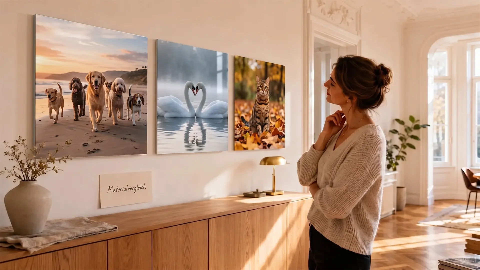 Drei Leinwände im Materialvergleich an der Wand mit unterschiedlichen Familienmotiven