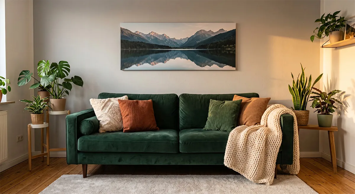 Großes Bild über Sofa als stimmungsvoller Blickfang im Wohnzimmer
