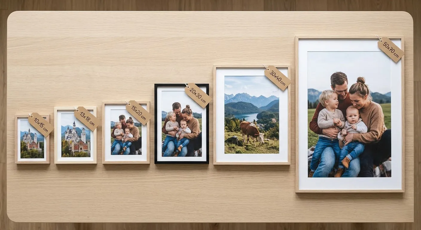 Bilderrahmen Standardgrößen im Vergleich von 10x15 bis 50x70 cm mit deutschen Landschafts- und Familienfotos