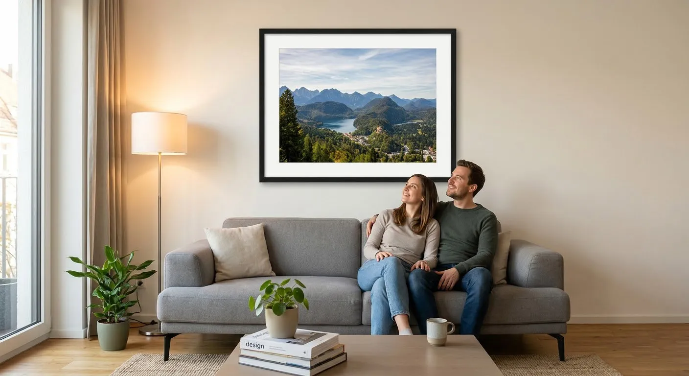 Großer Bilderrahmen 50x70 cm mit Landschaftsfoto über einem Sofa im modernen Wohnzimmer