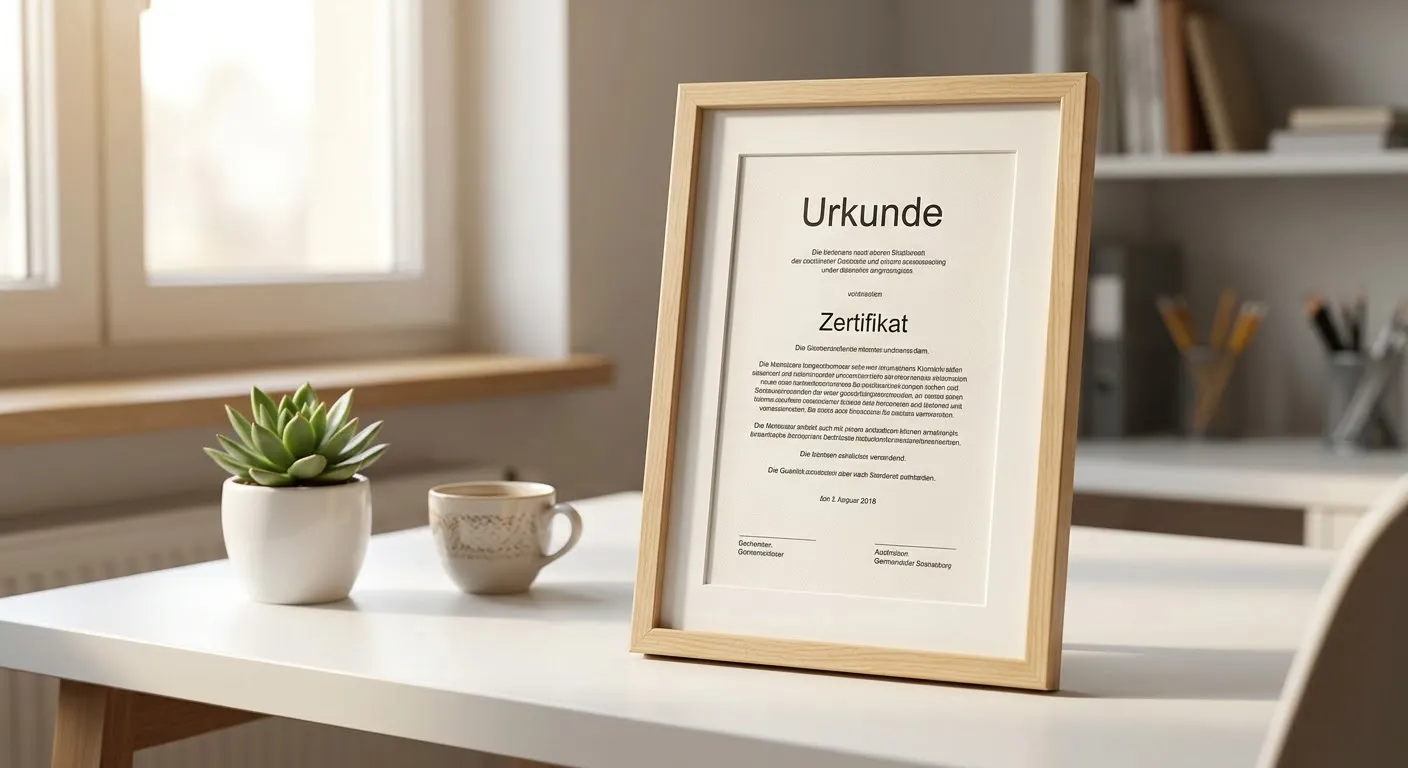 Bilderrahmen A4 aus Holz mit deutscher Urkunde auf einem Schreibtisch im Homeoffice