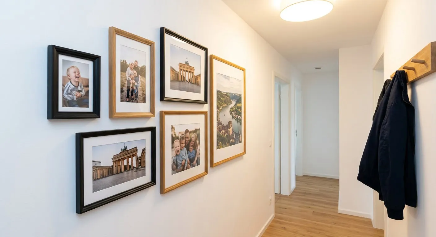 Galeriewand im Flur mit Bilderrahmen in verschiedenen Größen von 10x15 bis 50x70 cm