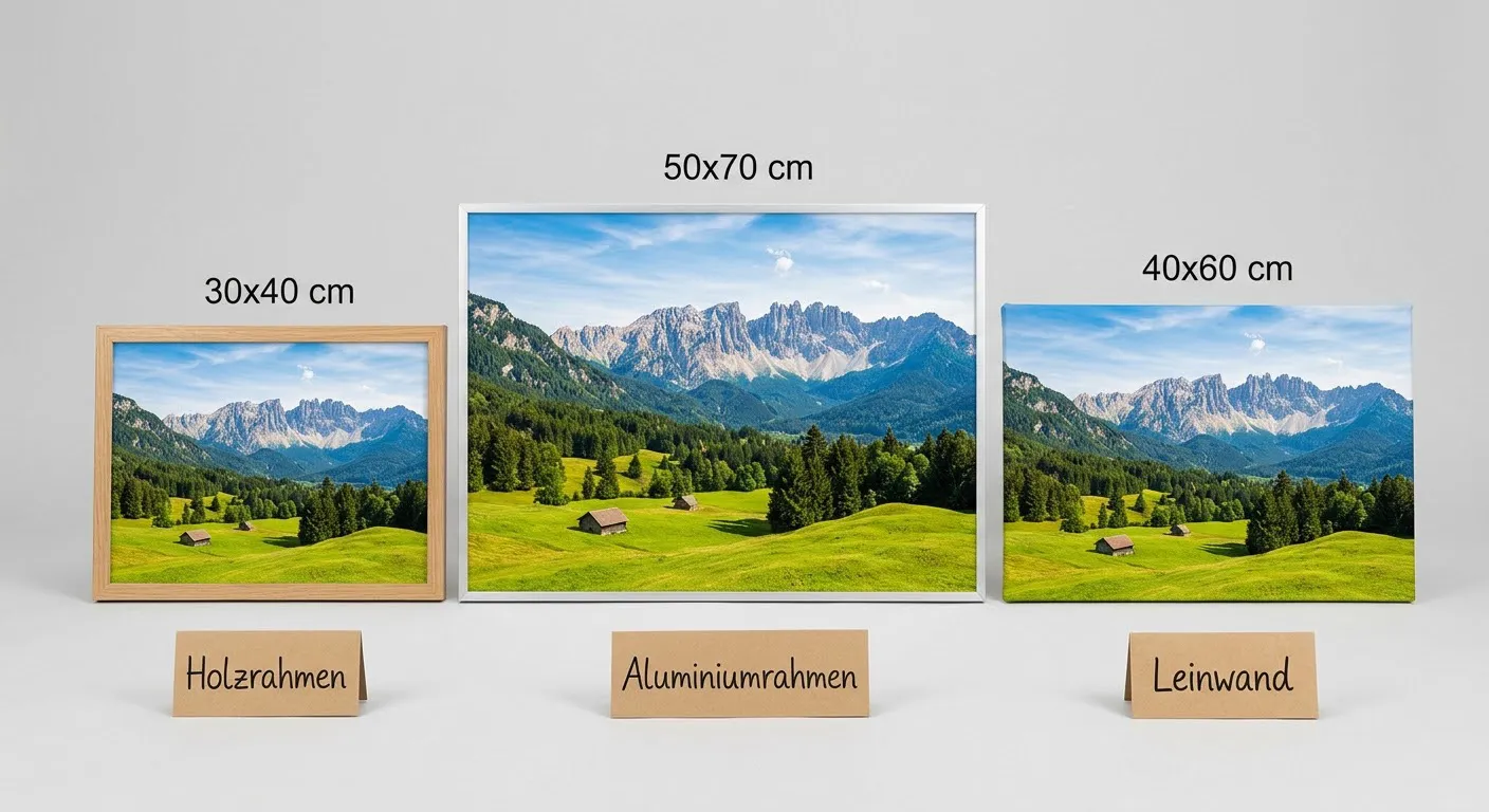 Materialvergleich Bilderrahmen: Holzrahmen, Aluminium-Rahmen und rahmenlose Leinwand in verschiedenen Größen