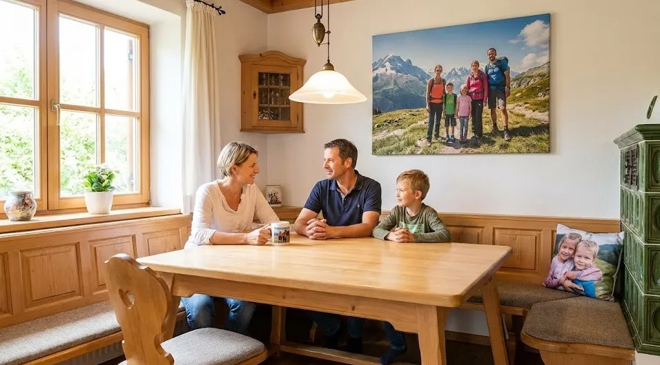 Abstrakte Kunstdrucke in warmen Tönen als moderne Esszimmer Bilder über einem eleganten Esstisch