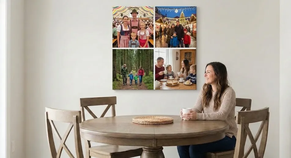 Quadratische Fotocollage auf Leinwand mit Familienerinnerungen als persönliches Esszimmer Bild