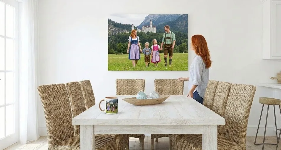 Panorama-Landschaftsfoto auf Leinwand als eindrucksvolles Esszimmer Bild in einem hellen deutschen Esszimmer