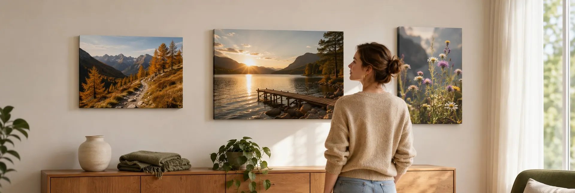 Drei Fotoleinwände mit Landschaftsmotiven als Wandbilder über einem Sideboard im Wohnzimmer