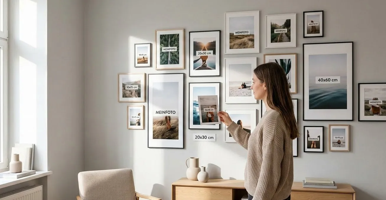 Frau hängt gerahmte Fotos in verschiedenen Größen wie 10x15 cm, 20x30 cm und 40x60 cm an eine graue Wand