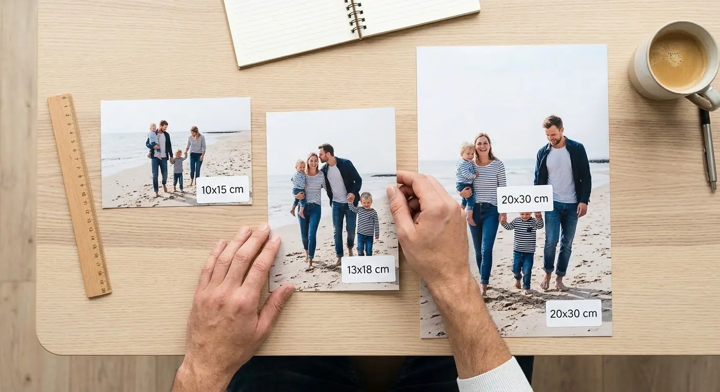 Fotogrößen im Vergleich: 10x15 cm, 13x18 cm und 20x30 cm nebeneinander auf einem Holztisch