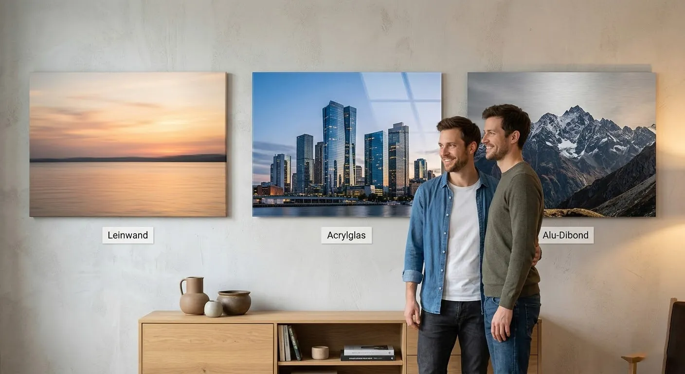 Wandbilder in verschiedenen Fotogrößen auf Leinwand, Acrylglas und Alu-Dibond an einer Wohnzimmerwand