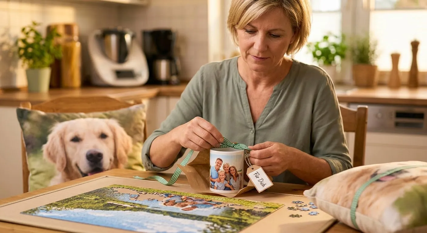 Verschiedene MEINFOTO Fotogeschenke in unterschiedlichen Bildgrößen: Fototasse, Fotopuzzle und Fotokissen