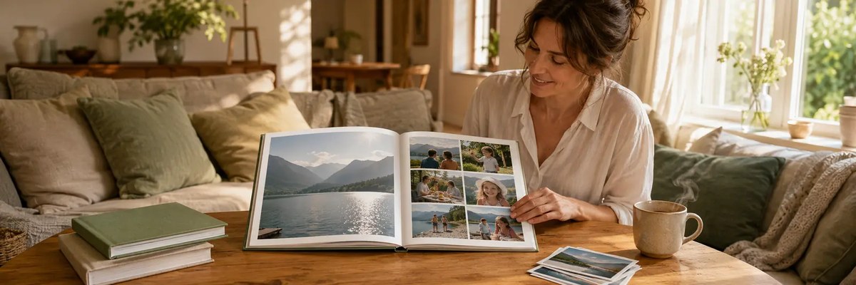 Aufgeschlagenes Hardcover-Fotobuch auf einem Wohnzimmertisch mit See- und Familien-Layout, eine Frau blättert darin
