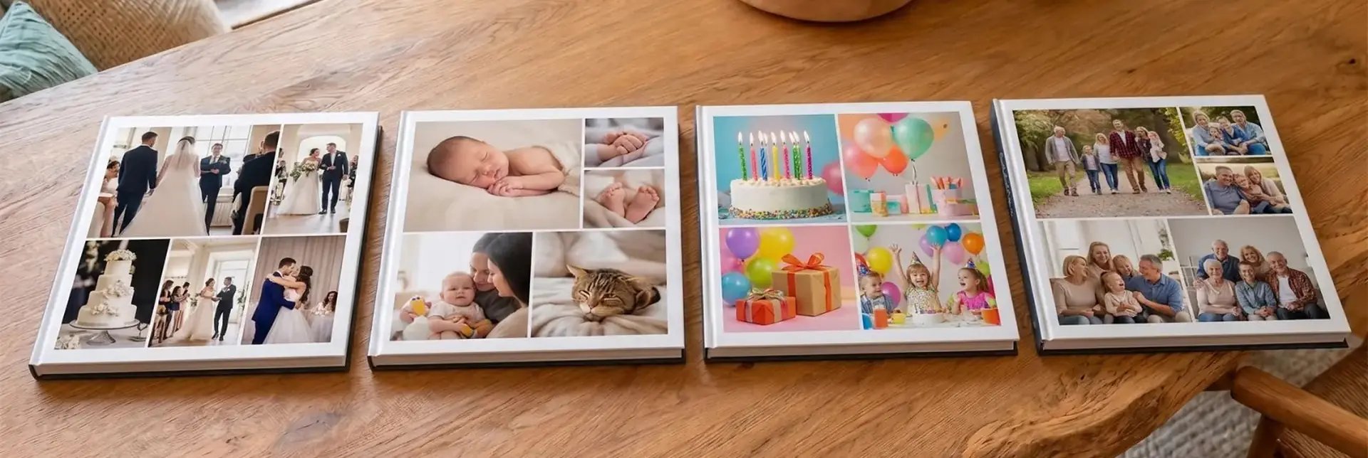Vier Fotobücher mit Collagen-Covern zu Hochzeit, Baby, Geburtstag und Familie