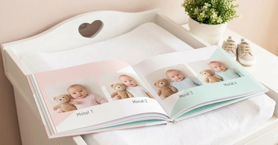 Aufgeschlagenes Baby-Fotobuch von MEINFOTO mit monatlichen Babyfotos und deutschen Beschriftungen