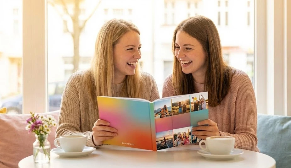 Zwei Freundinnen lachen gemeinsam über ein MEINFOTO Fotobuch im Café